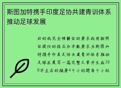 斯图加特携手印度足协共建青训体系推动足球发展